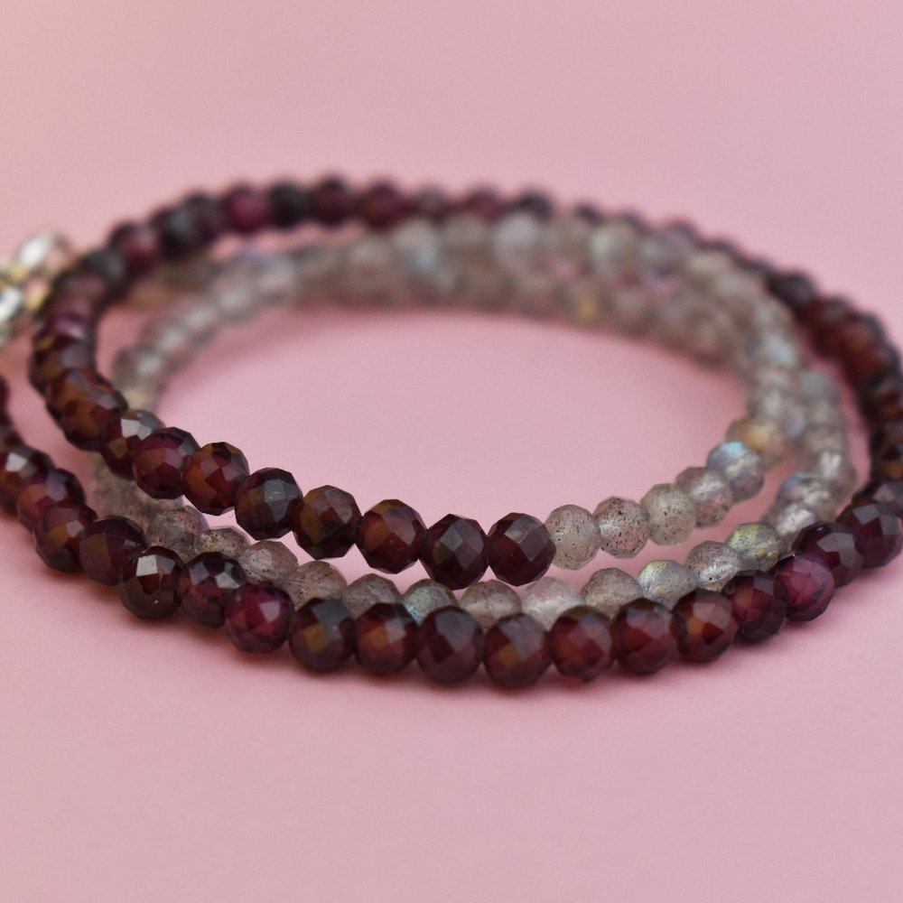 Blue labradorite and garnet necklace, multi stone bead choker